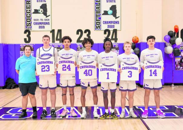 L-R):Assistant Johnathan Benkwitt, Kyle McDermott, CJ Pearson, Jankarlos Mendoza, Jayden Desir, Brayton Doscher, and TJ Mancuso.