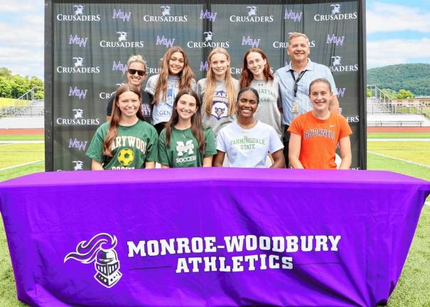 L-R Back: Coach Elise Fugowski, Amanda Piazza, Emily Berlinski, Lily Bandel, and head coach Bill Mpasiakos. L-R Front: Mia Menzzasalma, Faith Zollo, Kayla Coleman, and Reese Dolan; they are all ready to play soccer next year.