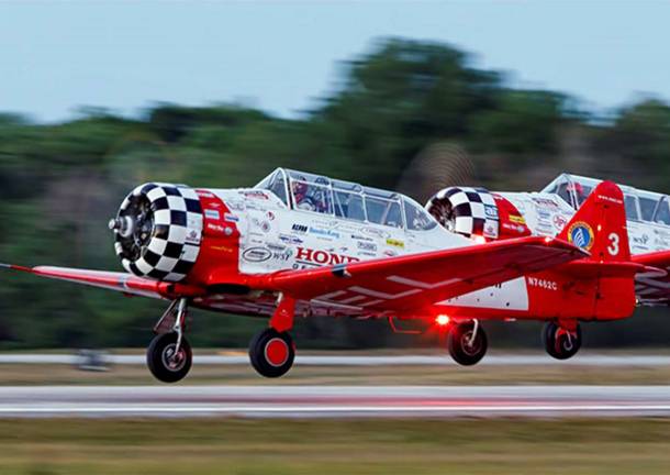 Provided photos The Aeroshell Aerobatic Team kicks off the Friday night show at the Greenwood Lake Air Show on June 8 in their North American T-6 Texan aircrafts, shown here. (Source: www.naat.net)