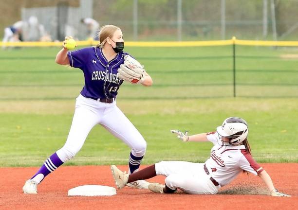 Kelsey O’Brian (#13) looks to turn a double play in the third inning.