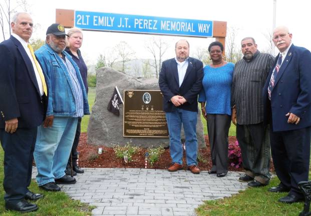 Picture from left to right at the recently completed memorial to Second Lieutenant Emily Perez are: Vice Commander Paul Bamond, Post 1573, Eugene Watkins Post 152, Orange County Commander Catherine Burke, Harriman Village Mayor Stephen Welle, the soldier's mother and father Vicki and Daniel Perez, and Adjt., Past Commander Jerrold P. Oser Sr. Post 1573.
