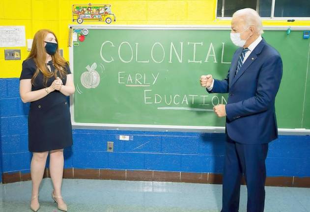 Rebecca Vitelli, the 2020 Delaware Teacher of the Year and a 2011 graduate of Monroe-Woodbury High School, was invited on stage with presidential candidate Joe Biden at a recent campaign stop at Vitelli’s school in New Castle, Delaware. Photo by Adam Schultz/Biden for President.