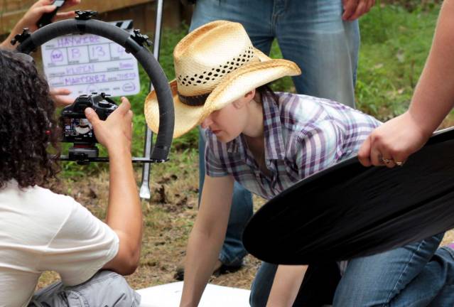 A shot about to roll with actor Colleen Conroy and cinematographer Luis Martinez.