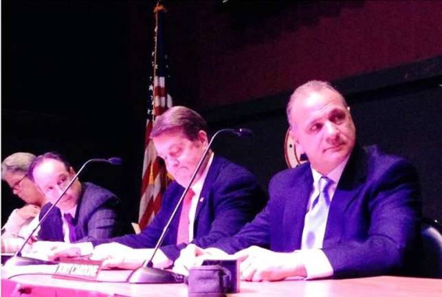 This photo, posted on United Monroe's Facebook page, shows Acting Town of Monroe Supervisor, right, and Councilman MIke McGinn at Monday's re-organizational meeting, held for the last time at the Town of Monroe Arts &amp; Civic Center. The board decided it will return to the Senior Center for future town meetings.