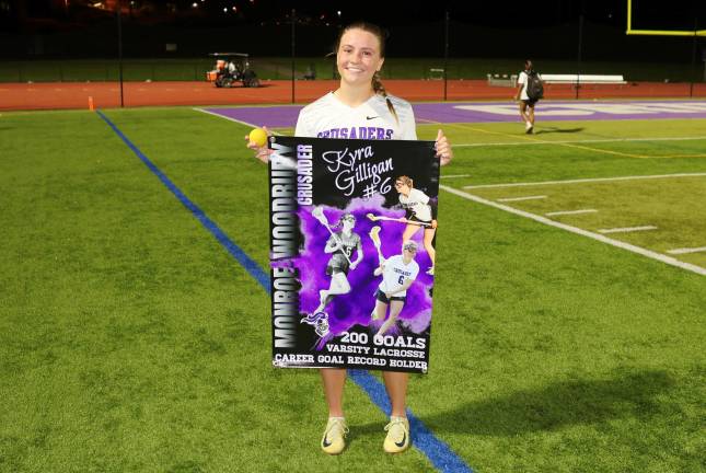 After the game Kyra Gilligan poses with a banner celebrating her 200th goal.