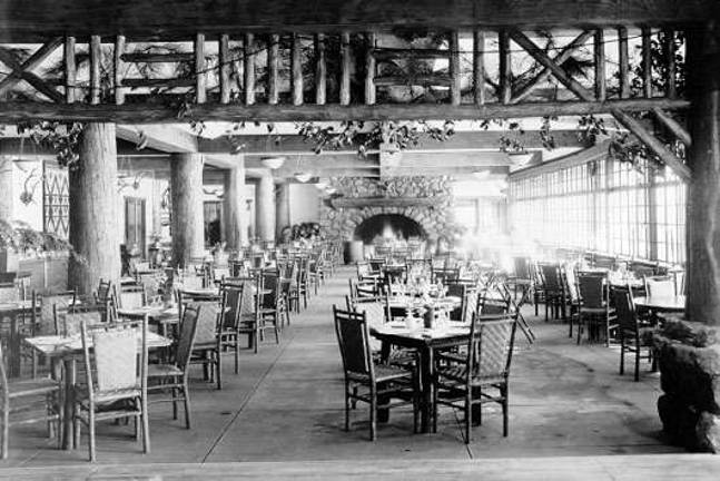 Bear Mountain Inn dining room, circa 1923. Upon its opening in 1915, The American Architect declared the Bear Mountain Inn to be one of the &igrave;finest examples of rustic Adirondack architecture in America.&icirc; Park employees constructed the Inn using natural materials, including stone and wood found in the park.