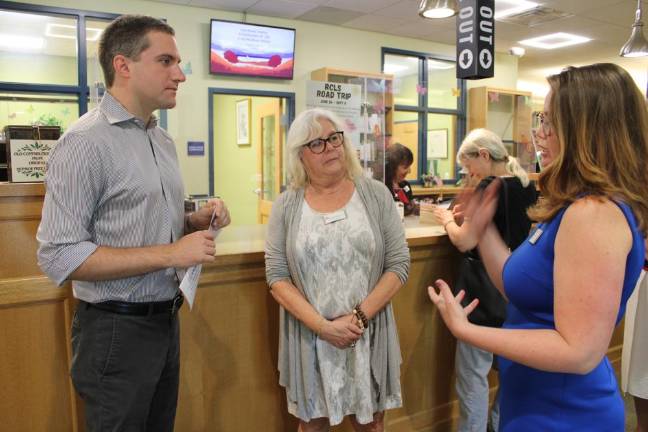 Monroe Free Library Trustee Nedda Tichi (center) listens as Library Director Amanda Primiano shares her programmatic priorities with state Sen. James Skoufis. Photos provided by Emma Fuentes, Chief of Staff, for Sen. James Skoufis.