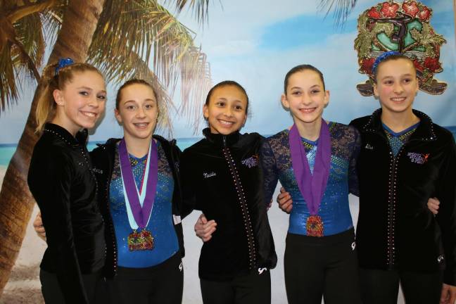 Photos provided by Ralph Pena Level 8 team members include, from left, Emma Berntsen of Chester, Madison Yager, Madison Kipp, Julia Pena and Level 10 Alisa Sheremeta
