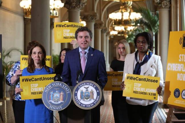 Senator James Skoufis (D-Hudson Valley) and Assemblymember Amy Paulin (D-Westchester) gathered with representatives from Bumble, the National Organization for Women (NOW), the National Women’s Political Caucus, and other advocates at the Capitol