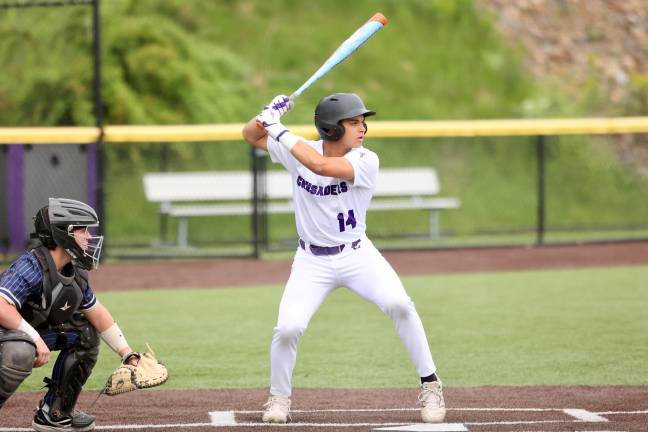 #14, Michael Monda led the Crusaders to victory in the second game pitching and picking up two hits.