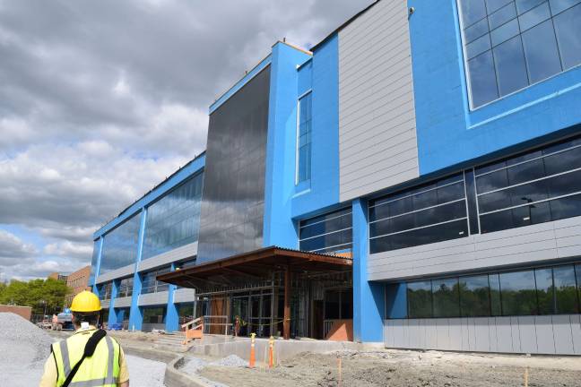 Photo by Erika Norton The main entrance to the new Orange County Government Center in Goshen will be in the new retangular building, where there will be security and metal detectors.
