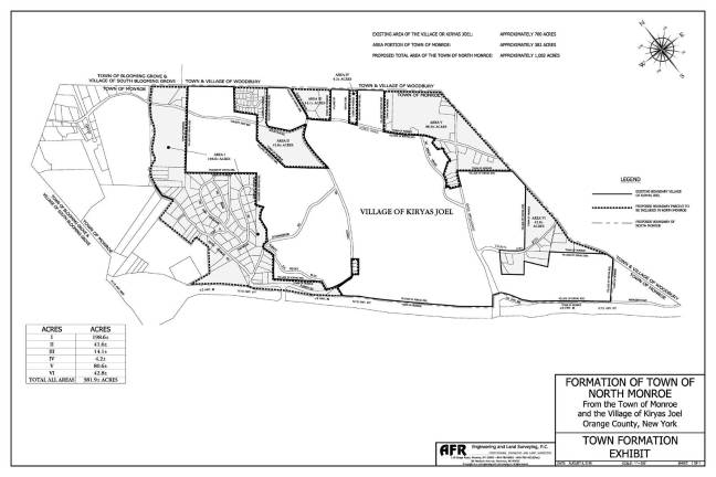 Residents in the Town of Monroe have kicked off a petition drive to begin the legal process of splitting the town into two separate towns, by forming a new town of North Monroe, according to a press released issued Tuesday afternoon from Kiryas Joel Village Administrator Gedalye Szegedin. This proposed new town would be located entirely north of State Route 17.