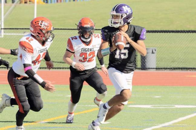 Quarterback David Fennessy, #15, looks for a receiver while being chased by Tigers.