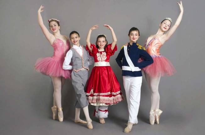 Photo provided From the left: Monroe residents Ariana Lopez will appear as a flower and understudy for snow and the mouse; Jenna Cupo will appear as Fritz, the tardy soldier and a bon bon; Emily Rosenthal will appear as Clara; Ashley Magen will appear as a child, a soldier and bon bon; and Alicia Bobb will appear as the mother, a mouse, snow, a green flower and an Arabian in the Orange County Ballet Theatre's production of &quot;The Nutcracker&quot; on Dec. 7 and 8 at Monroe-Woodbury High School.