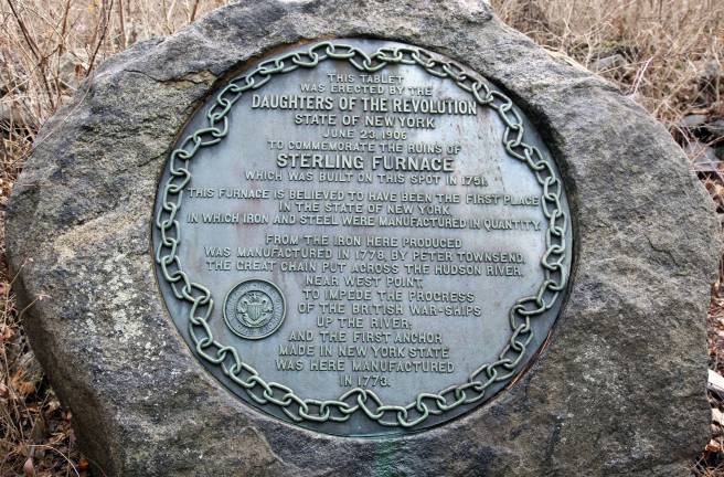 Photo by Robert G. Breese This tablet erected by the Daughters Of The Revolution in 1906 commemorates the ruins of the Sterling Furnace which was built in 1751 alongside Sterling Lake in the Town of Warwick.