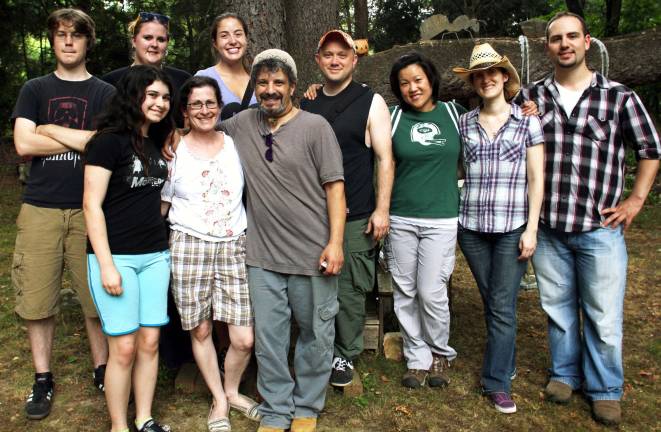 Some cast and crew from the day&iacute;s shoot with the location hosts. Back row, from the left: Jason Kalmanowitz, grip; Dee Wassell, key grip; Jillian Phipps, script supervisor; Scott Klein, creator/director; Arlene So, audio tech; Colleen Conroy, actor; and Stavros Adamides, actor. Front row: Jessica Vento, Diane Vento and Joey Vento of the Haunted Barn Movie Museum in Monroe.