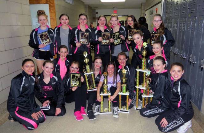 Provided photos Representatives of the Terpsichore Senior, Junior A, Junior B and Hip Hop companies show the many awards earned at the recent Encore DCS Competition in Paramus, N.J.