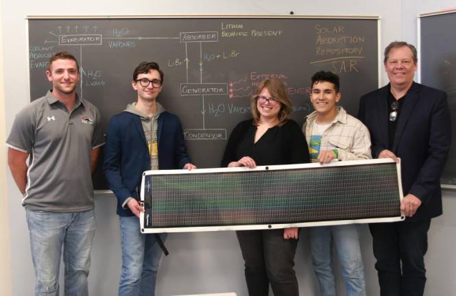 The team includes, from left Tyler Miller, of Central Valley; Jakob Baumgartner, of West Point; Selina Dziewic, of Goshen; and Enrique Cardoso-Najera, of New Windsor; along with faculty mentor John Wolbeck, chair of the College’s Science, Engineering and Architecture Department.