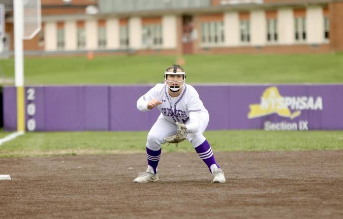 Crusader Callie Exarchakis gets ready at third base.