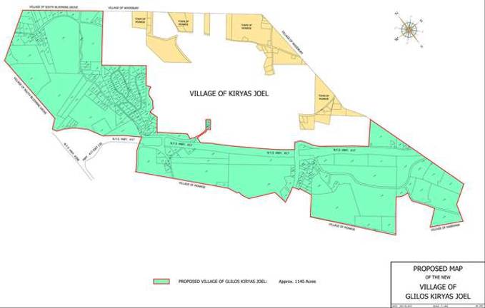 Monroe homeowners seeking to join the Kiryas Joel community are developing a petition to form a brand new village as their plan B if their 507 acre annexation application remains stalled at the state level. The municipality would be called Village of Glilos Kiryas Joel. A translation of Glilos is "in the vicinity of." The proposed village is outlined in green.