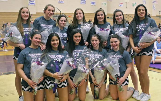 Photo by William Dimmit The seniors on the Monroe-Woodbury Varsity Cheer team: In back, from left to right: Maggie Harrington, Lauren LaBella, Hailey Zimmerman, Brianna Evans, Geena Babington, Julia Kaminski and Kirstie Alvarez; and in front: Christina Torres, Brittany Acosta, Mia Del Nunzio, Sami MacFadden and Meghan Negron.
