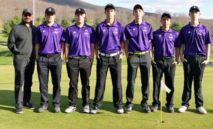 The Boys Golf Team is 9-0 on the season. Pictured from left to right are: Coach Bulla, Brandon Lewis, Chris Hughes, Ryan Hunter, Matt Hogan, Joe Gokey and Chris Kelly.
