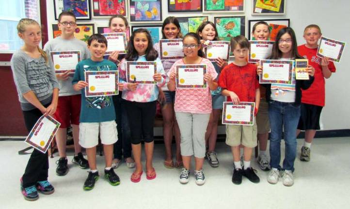 Here are the George G. Mason Classroom Spelling Bee Finalists, beging in the back row, from left: Kiera Costello, Clayton Rost, Madeline Gedvila, Kaitlyn Brown, Madison Spivak, Jared Spivak and Gerard O&thorn;&Auml;&ocirc;Reilly; and in front, from left: Drew Desormeaux, Julia Ruscillo, Alexandra Maynard, Nicholas Stachelek and Katiana Arcuni.
