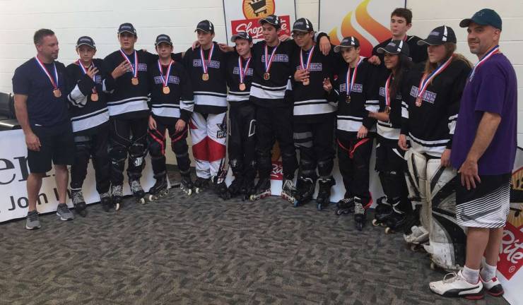 Photos provided James Alcide The Monroe Roller Hockey 14-and-under travel team won the bronze medal at the Nutmeg State Games in Hartford, Conn., on Sunday, July 16.