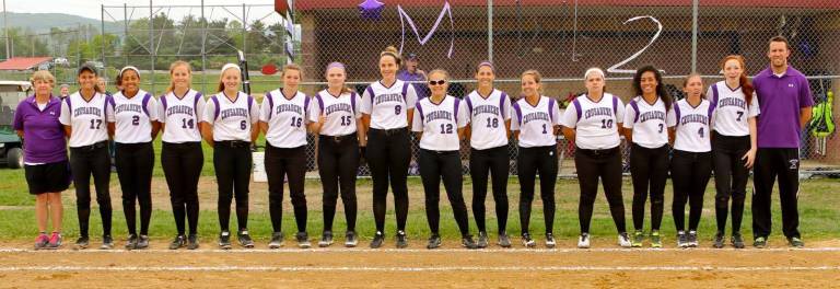 Photo by William Dimmit From left to right, the Monroe-Woodbury Varsity Softball Team are: Coach Mary Donnelly, Brooke Hughes, Kirstie Alvarez, Madeline Leonard, Victoria Foley, Tara McCoy, Kira Purcell, Sarah Leonard, Meagan Blair, Jenn Lawson, Samantha Rizzi, Abby Circelli, Desiree Lynch, Gianna Matise, Amanda McDonald and Coach James Hahn.