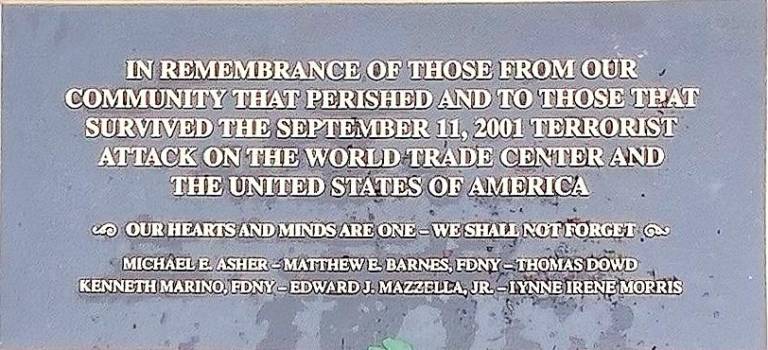 The Sept. 11 commemoration plaque in the Village of Monroe.