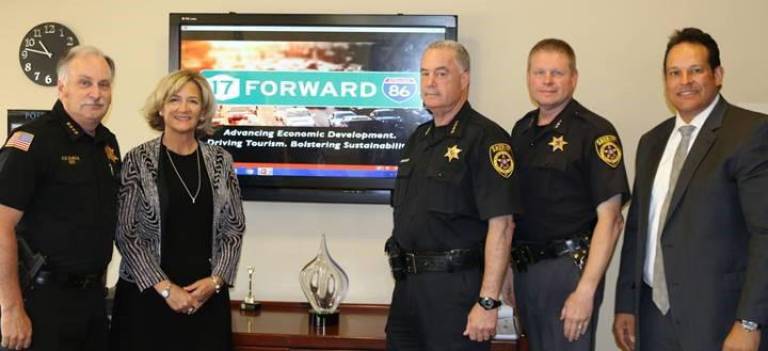 Pictured from left to right are: Orange County Sheriff Carl DuBois; Maureen Halahan, President and CEO of the Orange County Partnership and co-chair of 17-Forward-86; Sullivan County Sheriff Michael Schiff; Undersheriff Eric Chaboty; and Marc Baez, President and CEO of the Sullivan County Partnership for Economic Development and co-chair of 17-Forward-86.