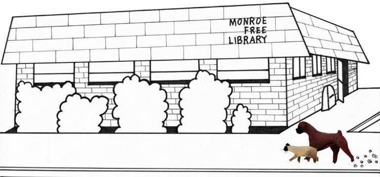 Illustrator Kaylin Ruffino&#xfe;&#xc4;&#xf4;s drawing of Jackson and Auggie visiting the Monroe Free Library.