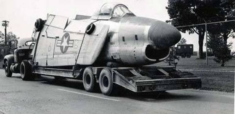 The F-86L Sabre Jet being transported from the Air Force base in upstate Rome to Monroe on Aug. 22, 1963.