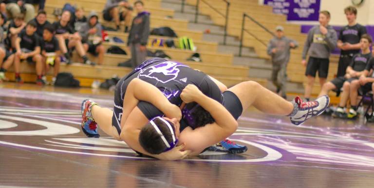 Preston Havison (285 lbs.), top, took only 12 seconds to dispatch his opponent.