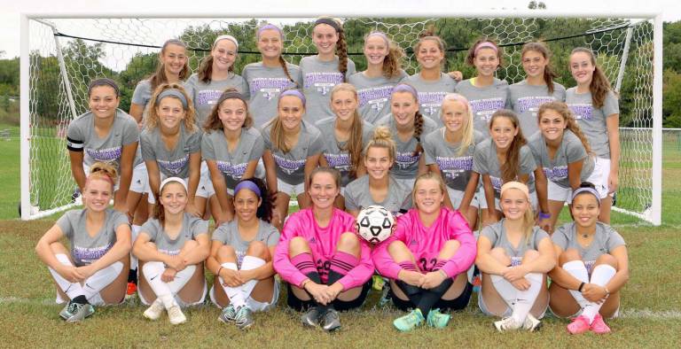 The Crusaders 2015-16 Varsity Girls Soccer Team are, beginning in front from left to right: Marriel Hickey, Jessica Levinson, Victoria Sanchez, Gabriella Beltrami, McKenna Hiller, Erica Doering, Jacqueline Smith and Hannah Geller; second row: Dana Rende, Kerry Maher, Gracie Incledon, Katie Benson, Annabella Campagna, Elizabeth Myers, Kayla Mackenzie, Samantha Sheldon and Brianna Deleo; and in back: Alexandra Molino, Gabrielle Goodwin, Caroline Helbeck, Willow Duffell, Sydney Harwood, Nikki Scancarello, Kaitlyn Hogan, Gabrielle Varley and Kiersten Goodwin.