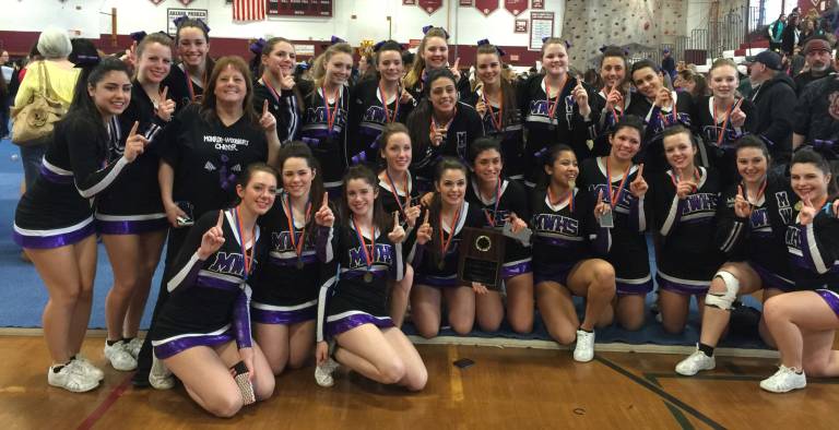 After taking first place in Section IX, the Monroe-Woodbury varsity cheerleaders celebrated. From left in back: Sofia Pieczara, Ciara Cain, Grace Campbell, Coach Barbara Alidad, Nicole Monda, Ashley Meese, Alison Loughran, Sam Goodwin, Kirstie Alvarez, Stephanie Sullivan, Sam Clark, Olivia Torres, Brianna DeGennaro and Kelsey Burbage. In front, from left, Lauren LaBella, Hailey Zimmerman, Sami MacFadden, Maggie Harrington, Geena Babington, Mia Del Nunzio, Brittany Acosta, Christina Torres, Brianna Evans, Julia Kaminski and Meghan Negron.