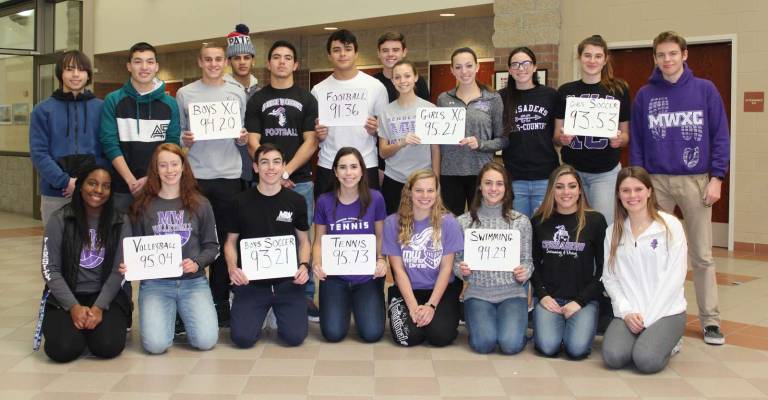 Photo provided by Carole Spendley Representatives from Monroe-Woodbury fall varsity teams hold signs with their teams' GPA. All eight fall varsity teams, featuring 199 athletes, earned the 2017 &#x201c;Scholar Athlete&#x201d; title from The New York State Public High School Athletic Association.
