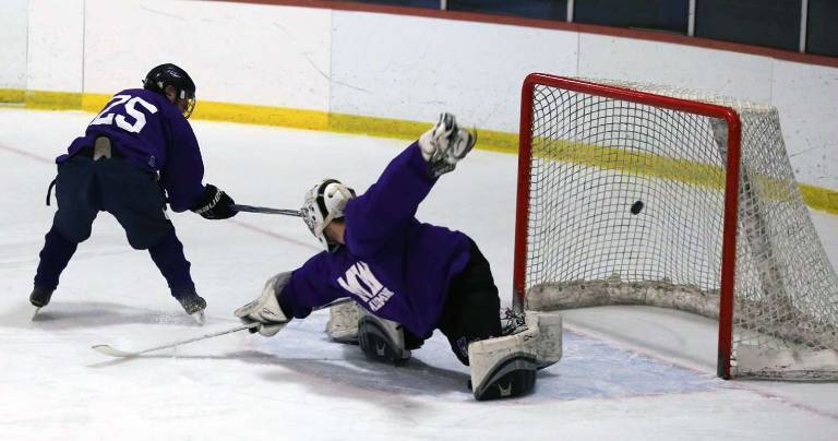 Photo by Bill Carey Mark Tooma (2013) scores on a backhand shot against goalie Albert Alliu (2010).