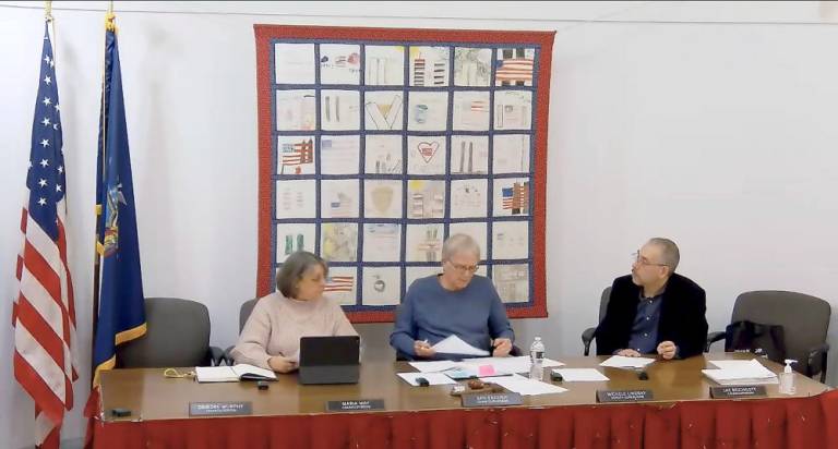From left to right, Maria May, Kenneth English, and Jay Reichgott at the 12/28 town board meeting. (Members Michele Lindsay and Deirdre Murphy were on zoom/offscreen).