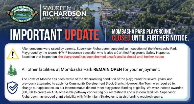Notice released by the Town of Monroe informing the community of the Mombasha Park playground closure.
