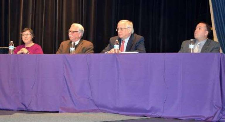 Photos by Abby Wolf Pictured from left to right at the Fair Funding, N.Y., panel discussion earlier this month are Susan Lerner, Common Cause NY; Tim Kremer, executive director of the New York State School Boards Association; Robert Lowry Jr., deputy director for Advocacy, Research &amp; Communications for the New York State Council of School Superintendents;and Sparrow Tobin, a Washingtonville schools social studies teacher and representative from the New York State United Teachers. The event, held at Monroe-Woodbury High School, attracted about 200 concerned citizens, representing stakeholders &#xfe;&#xc4;&#xec; such as parents, teachers and school board members.