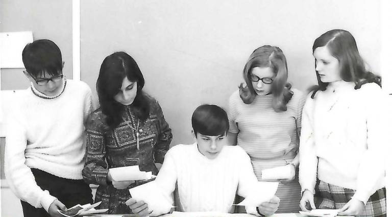 A picture from the 1969 M-W yearbook of staff for the high school newspaper, The Spotlight.