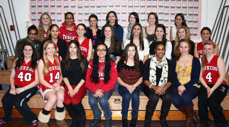 Pictured are the Varsity and Junior Varsity Girls Basketball players from George F. Baker High School in Tuxedo. Top row: Skyler Rohlfs, Alexis Bowens, Raven Coffiel, Cori DeLisi, Denise Morgan, Erin Murphy and Amanda Agostini. Middle row: Jhanya Squires, Isabel Minano, Rachel Sebastian, Stephanie Gundermann, Sheryl Martin, Gabby Nouri, Alison Toscano and Nicole Ruscillo. Bottom row: Jaclyn Ketterer, Kyle Van Doran, Tatiana Oliva Kowalski, Kitiona Corter, Katherine Purdy, Kaylah Pinkney, Ashley Addonisio and Deirdre Hallinan.