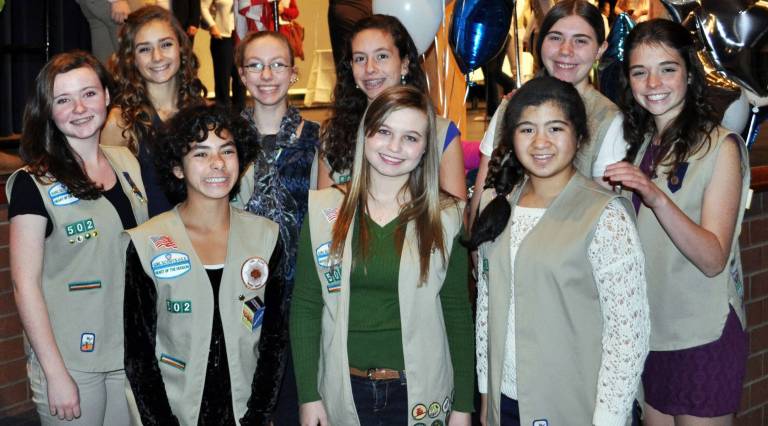 Cadette Troop 502 at their Silver Award ceremony at Monroe-Woodbury High School: Alanah Abrahams, Heleena Anastos, Angelique Atlas, Kristin Fischer, Danielle Gonzalez-Wu, Alaina Neubauer, Kristen Neyer, Abby Ridgeway and Lauren Walsh. Also receiving their Silver Awards were Julia Auerfeld and Jessica Cueva-Scarpelli.