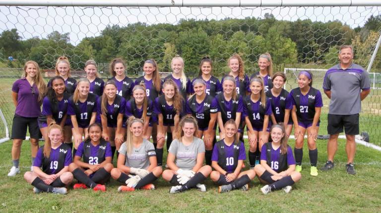 Photos by William Dimmit The 2019 Monroe-Woodbury Varsity Girls Soccer team: Front row, from left to right: Marissa Key, Teyha Harvey, Angela Fini, Chloe Kensell, Alexis DeLeo and Shannon Dove; second row, from left: Kayla Harvey, Abigail McCleary, Kaelyn Salatto, Liz Allen, Josephine Sorce, Kayla Bauer, Emily Dorico, Colleen Cytryn, Anna Maggi, Julia Tycott and Head Coach Bill Mpasiakos; and back row: Assistant Coach Kate Santoianni, Katherine Mullins, Emily Dovico, Cassie Hiner, Gabrielle Mpas