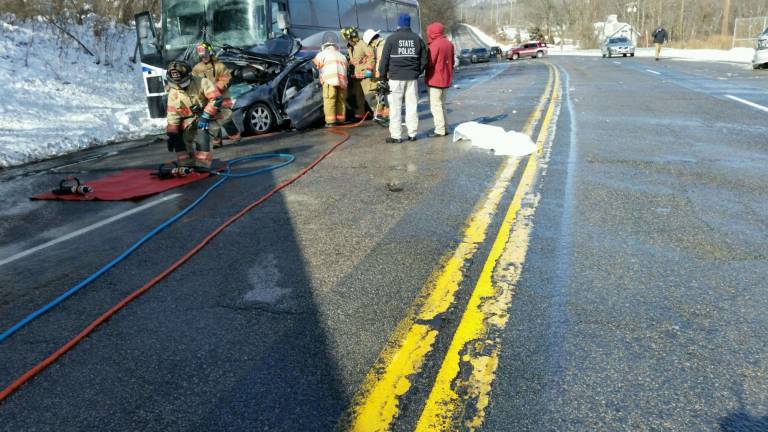 Photo provided by Tuxedo police A fatal crash involving a Coach bus about three tenths of a mile south of the Duck Cedar Plaza in Tuxedo resulted in Route 17 being shut down for much of the day, Feb. 10.