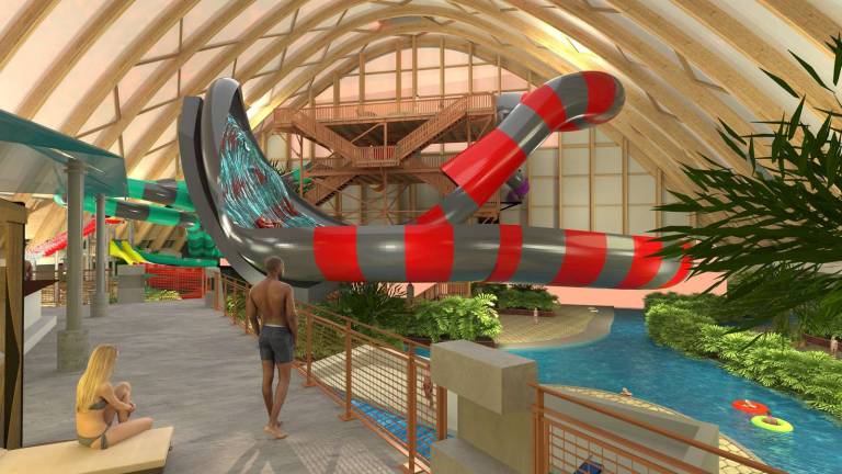 Provided illustration The developers of the Camelback Lodge &amp; Aquatopia Indoor Waterpark in Tannersville, Pa., are building a two-acre, four-season indoor waterparkl next to the soon-to-open Resorts Worlds Catskills casino complex in Thompson in Sullivan County.