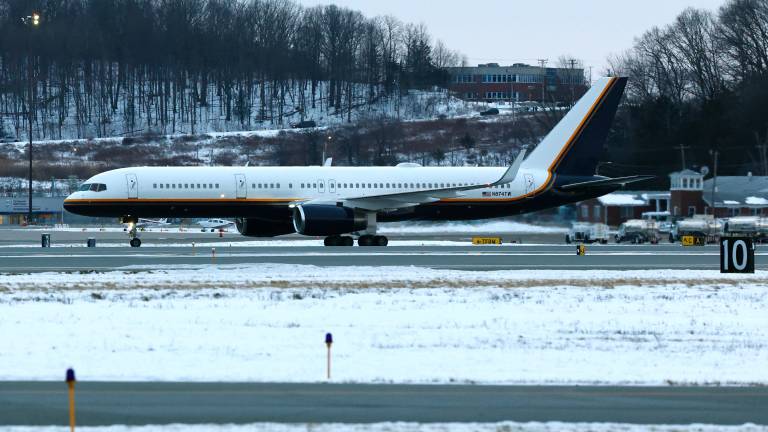 An airplane carrying captured Venezuelan President Nicolas Maduro lands at Stewart Air National Guard Base in Newburgh, N.Y. on Jan. 3, 2026.