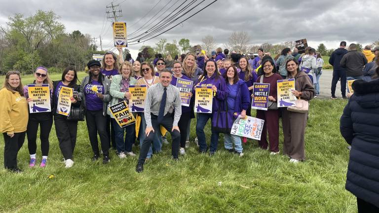 New York State Senator James Skoufis poses with Garnet Health nurses at the picket. Photos provided.