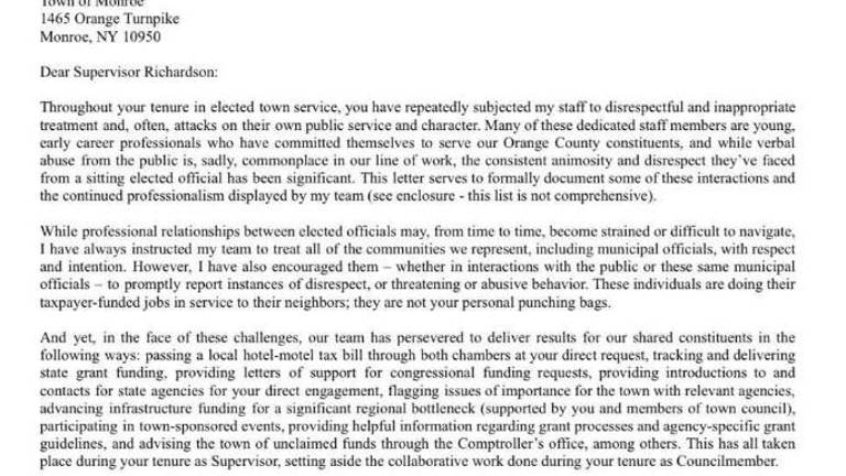 Letter from State Sen. James Skoufis to Monroe Supervisor Maureen Richardson.